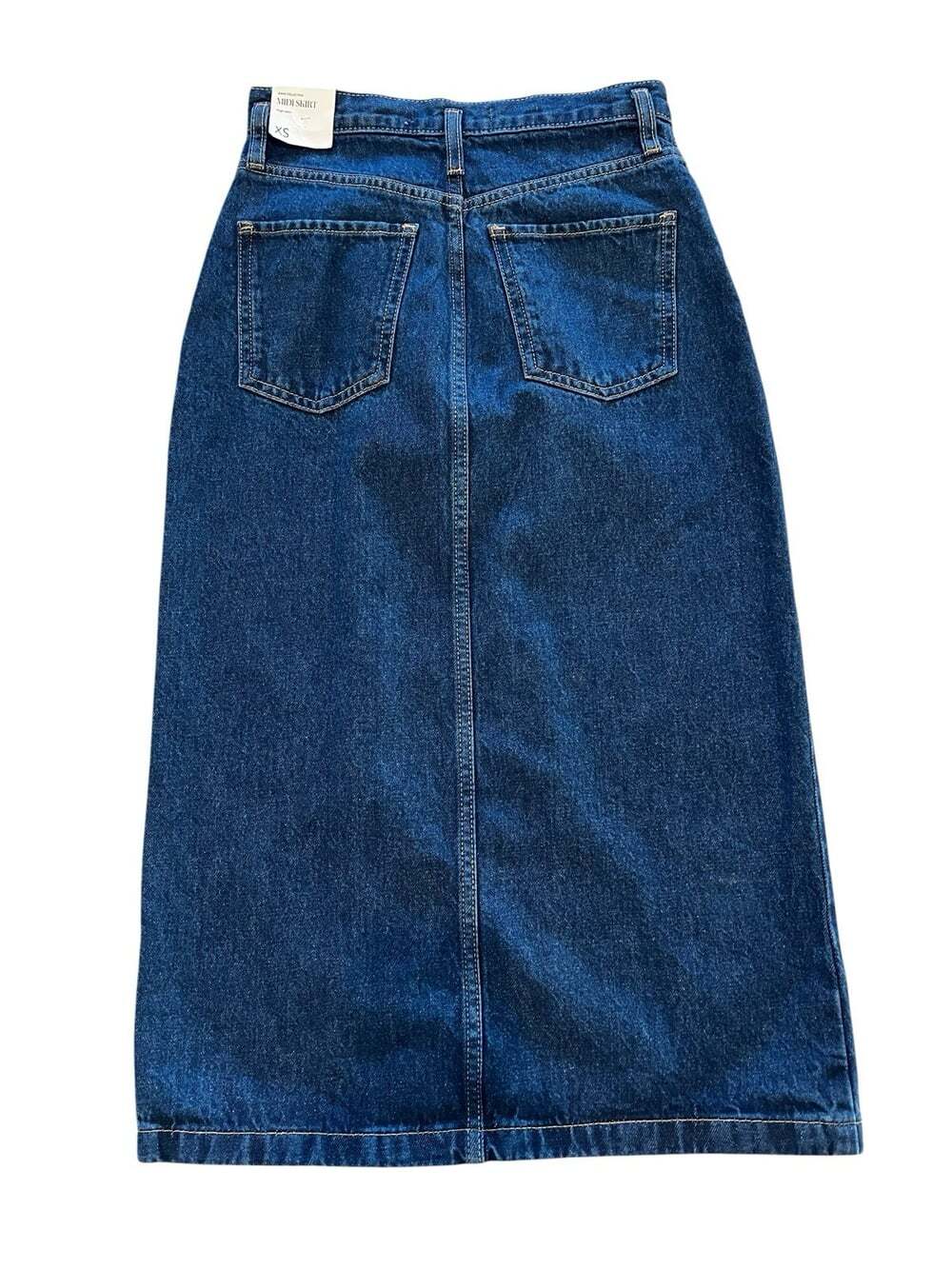 Mango 100% Cotton Denim Cottagecore Coastal Boho Preppy Midi Skirt Front Slit-XS - Picture 2 of 7